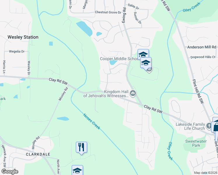 map of restaurants, bars, coffee shops, grocery stores, and more near 2931 Clay Road Southwest in Austell