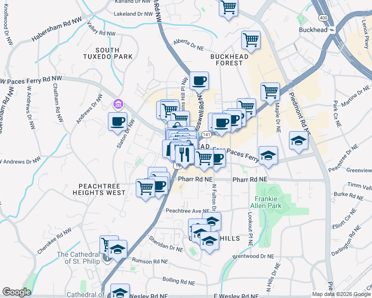 map of restaurants, bars, coffee shops, grocery stores, and more near 3146 Peachtree Road Northwest in Atlanta