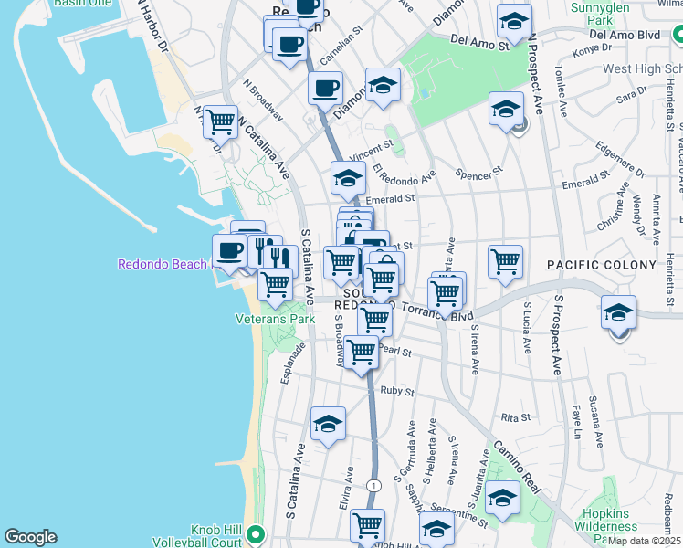 map of restaurants, bars, coffee shops, grocery stores, and more near 222 South Broadway in Redondo Beach
