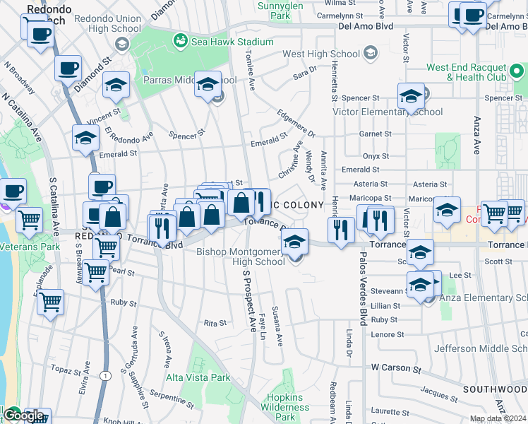 map of restaurants, bars, coffee shops, grocery stores, and more near 1010 Torrance Boulevard in Redondo Beach