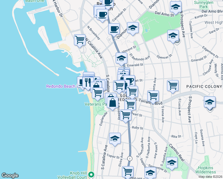 map of restaurants, bars, coffee shops, grocery stores, and more near 230 South Catalina Avenue in Redondo Beach