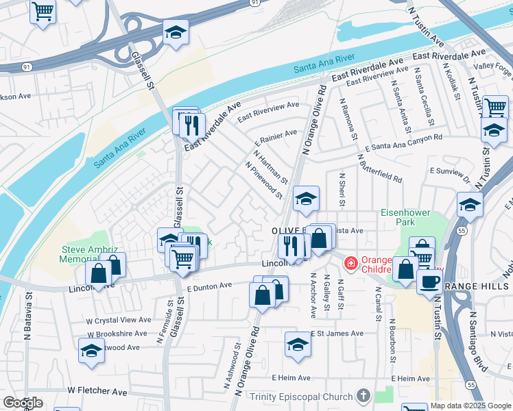 map of restaurants, bars, coffee shops, grocery stores, and more near 3000 North Woods Street in Orange