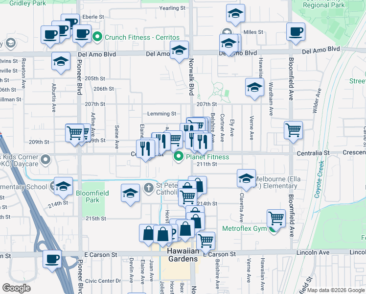 map of restaurants, bars, coffee shops, grocery stores, and more near 12141 Centralia Street in Lakewood