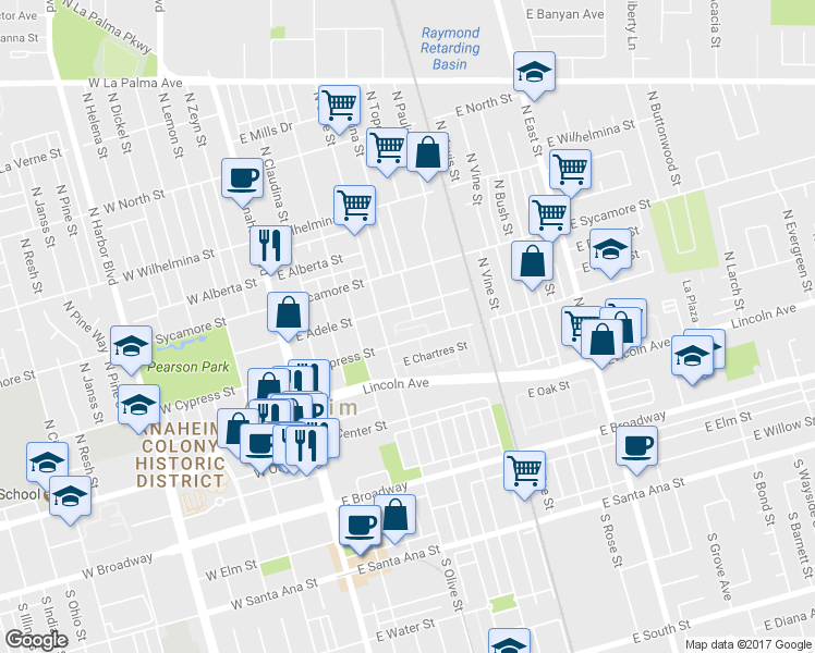map of restaurants, bars, coffee shops, grocery stores, and more near 465 East Afton Lane in Anaheim