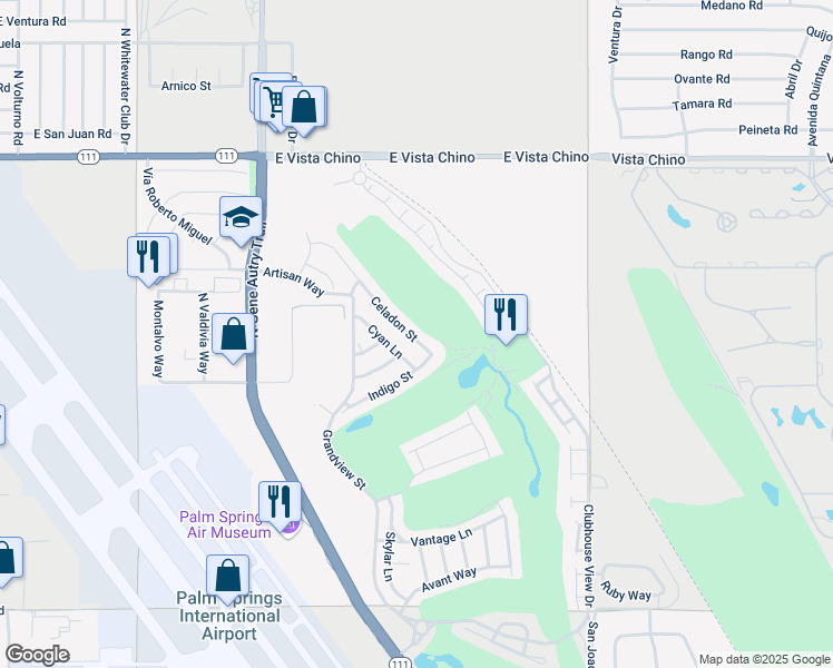 map of restaurants, bars, coffee shops, grocery stores, and more near 1150 Celadon Street in Palm Springs