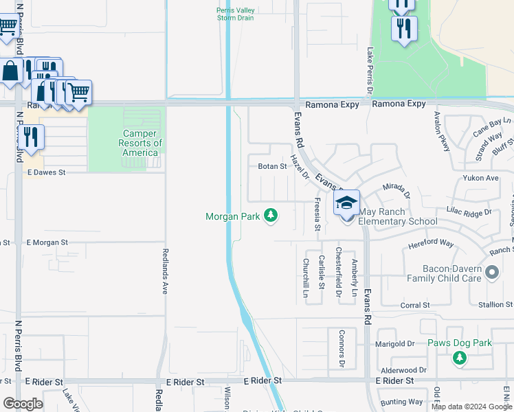 map of restaurants, bars, coffee shops, grocery stores, and more near 547 Gloriosa Avenue in Perris