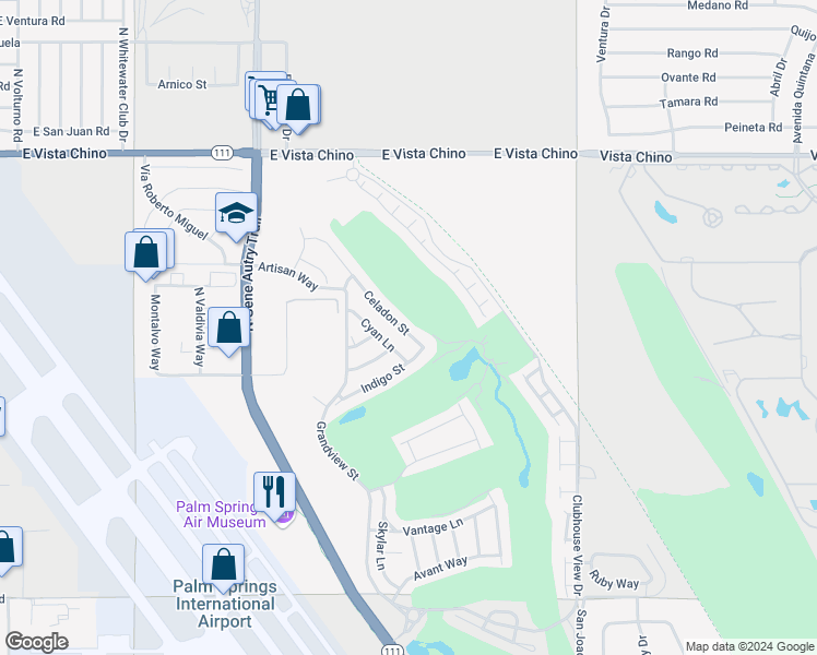 map of restaurants, bars, coffee shops, grocery stores, and more near 1150 Celadon Street in Palm Springs