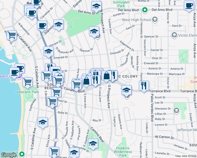 map of restaurants, bars, coffee shops, grocery stores, and more near 851 Torrance Boulevard in Redondo Beach