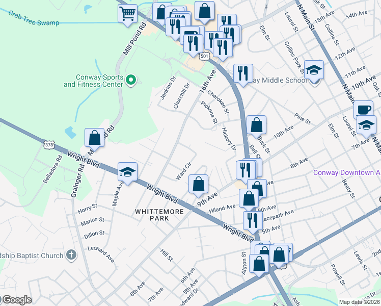 map of restaurants, bars, coffee shops, grocery stores, and more near 1604 Ward Circle in Conway