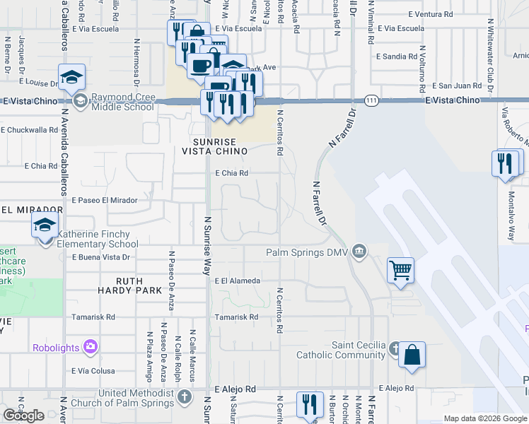 map of restaurants, bars, coffee shops, grocery stores, and more near 1259 Trofeo Circle in Palm Springs