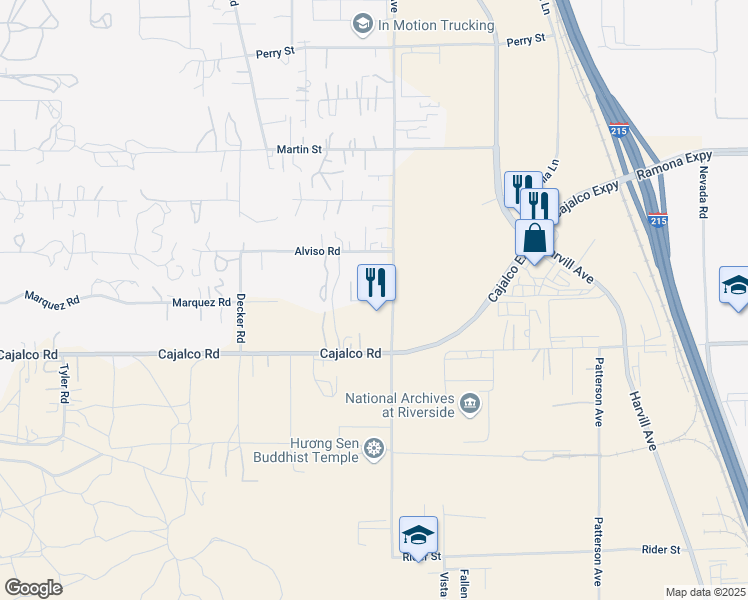 map of restaurants, bars, coffee shops, grocery stores, and more near Marquez Road in Perris