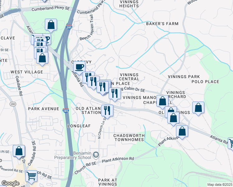 map of restaurants, bars, coffee shops, grocery stores, and more near 103 Cameron Circle in Smyrna