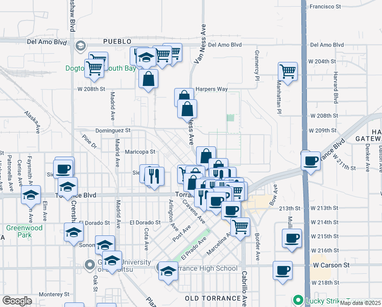map of restaurants, bars, coffee shops, grocery stores, and more near 807 Van Ness Avenue in Torrance