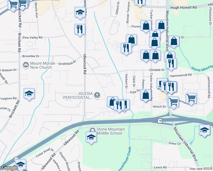 map of restaurants, bars, coffee shops, grocery stores, and more near 1885 Fellowship Road in Tucker