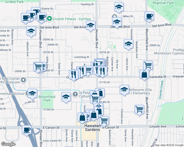 map of restaurants, bars, coffee shops, grocery stores, and more near 12141 Centralia Street in Lakewood