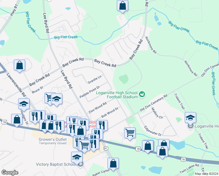 map of restaurants, bars, coffee shops, grocery stores, and more near 650 Granite Lane in Loganville