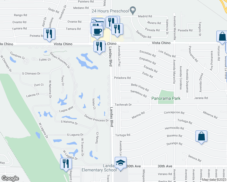 map of restaurants, bars, coffee shops, grocery stores, and more near 28710 Landau Boulevard in Cathedral City