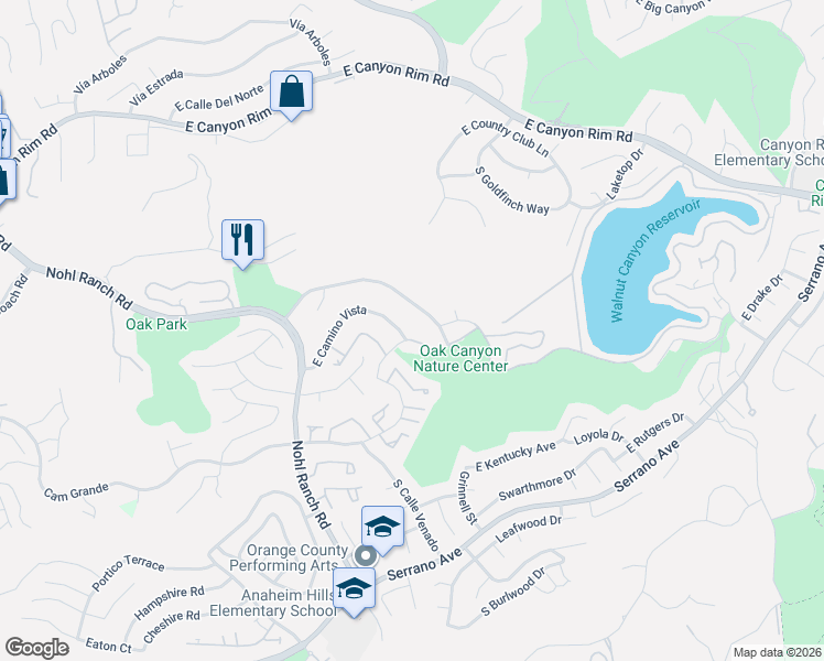 map of restaurants, bars, coffee shops, grocery stores, and more near 6581 East Camino Vista in Anaheim