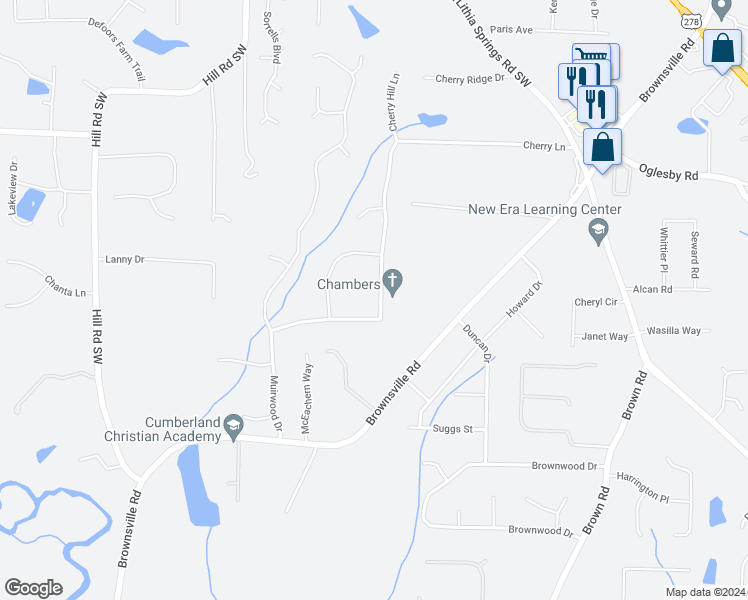 map of restaurants, bars, coffee shops, grocery stores, and more near 5365 Muirwood Place in Powder Springs