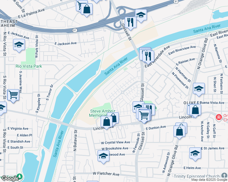 map of restaurants, bars, coffee shops, grocery stores, and more near 341 West Pebble Creek Lane in Orange