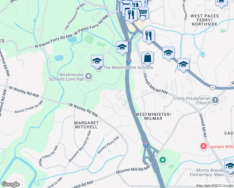 map of restaurants, bars, coffee shops, grocery stores, and more near 3035 Clarendale Drive Northwest in Atlanta