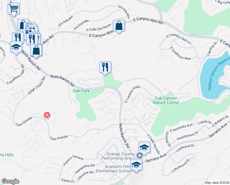 map of restaurants, bars, coffee shops, grocery stores, and more near 731 Paseo Cumbre in Anaheim