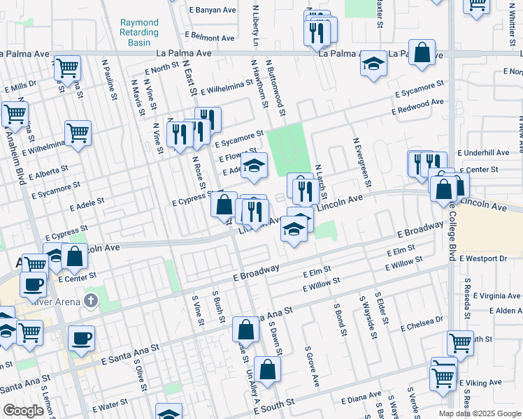 map of restaurants, bars, coffee shops, grocery stores, and more near 1244 East Cypress Street in Anaheim