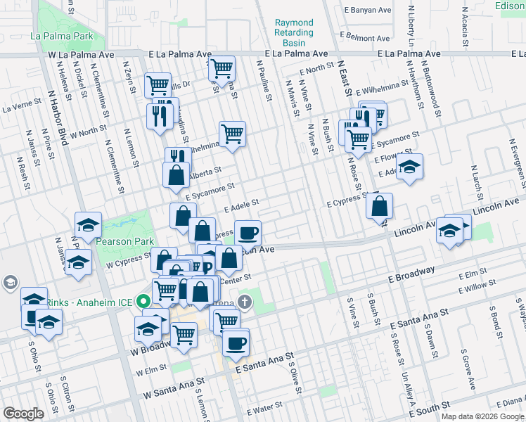 map of restaurants, bars, coffee shops, grocery stores, and more near 417 East Adele Street in Anaheim