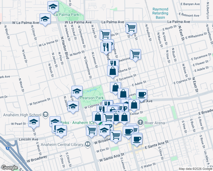 map of restaurants, bars, coffee shops, grocery stores, and more near 511 North Zeyn Street in Anaheim
