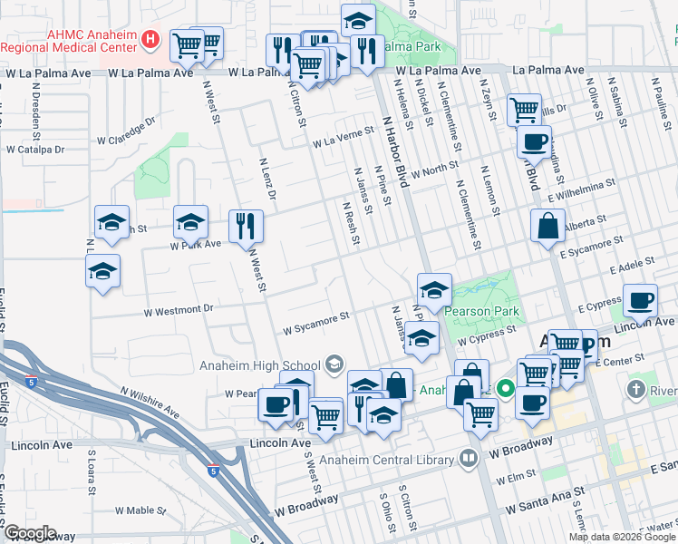 map of restaurants, bars, coffee shops, grocery stores, and more near 701 North Citron Street in Anaheim