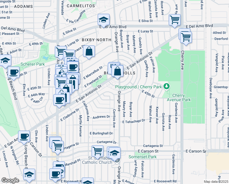 map of restaurants, bars, coffee shops, grocery stores, and more near 4459 Le Park Drive in Long Beach