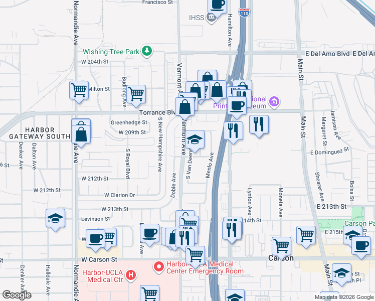 map of restaurants, bars, coffee shops, grocery stores, and more near 20951 South Van Deene Avenue in Torrance