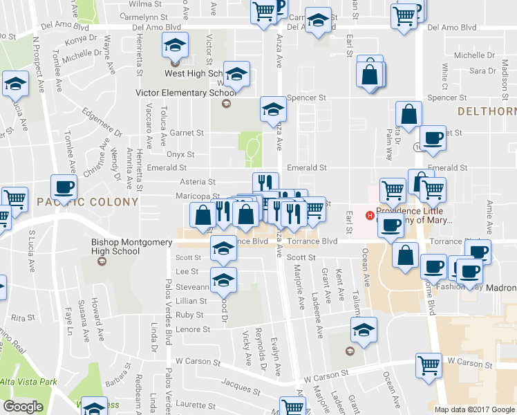 map of restaurants, bars, coffee shops, grocery stores, and more near 20920 Reynolds Drive in Torrance