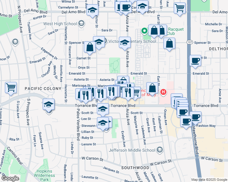 map of restaurants, bars, coffee shops, grocery stores, and more near 4813 Maricopa Street in Torrance