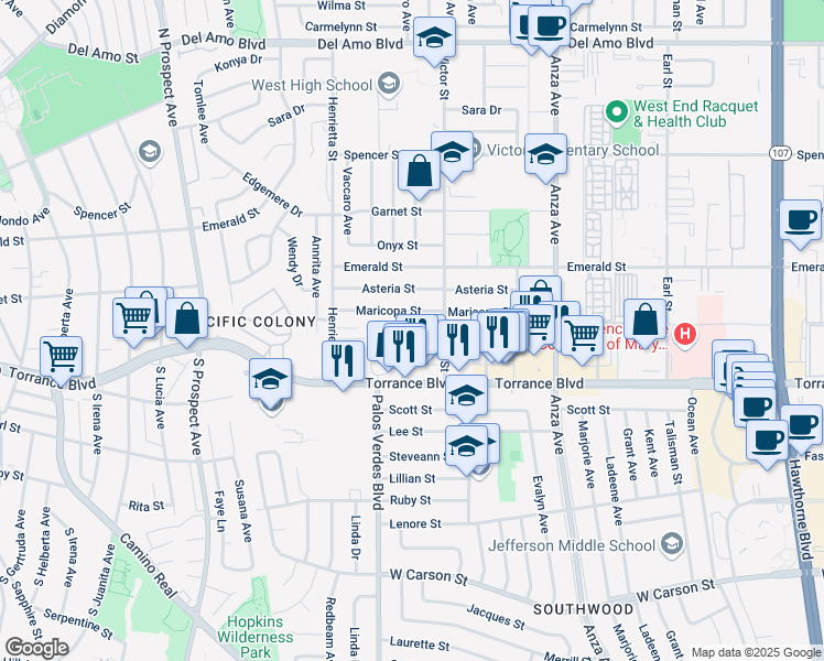 map of restaurants, bars, coffee shops, grocery stores, and more near 5103 Maricopa Street in Torrance