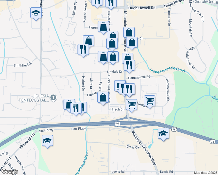 map of restaurants, bars, coffee shops, grocery stores, and more near 1941 Tucker Industrial Road in Tucker