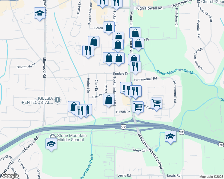 map of restaurants, bars, coffee shops, grocery stores, and more near 1924 Tucker Industrial Road in Tucker