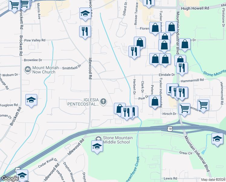 map of restaurants, bars, coffee shops, grocery stores, and more near 1885 Fellowship Road in Tucker