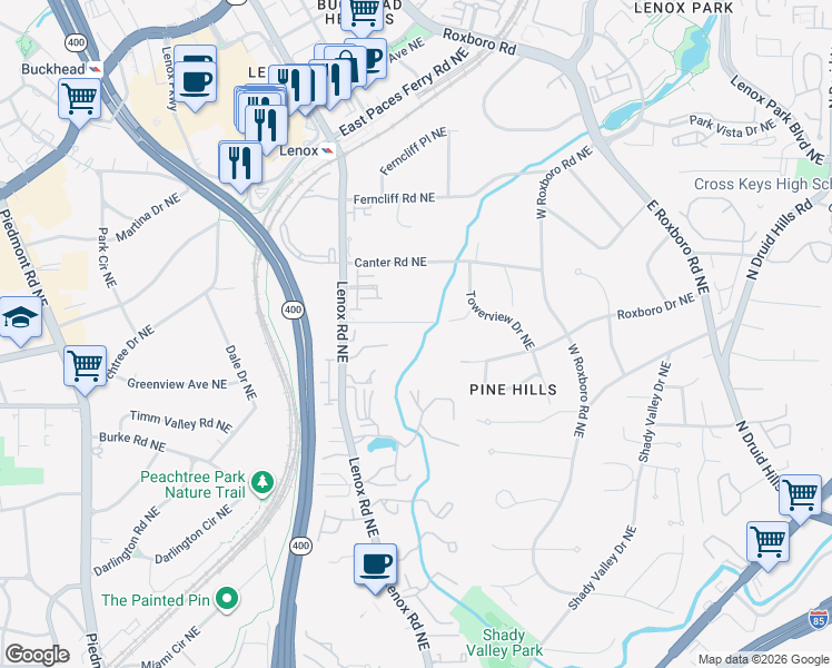 map of restaurants, bars, coffee shops, grocery stores, and more near 985 Crane Road Northeast in Atlanta