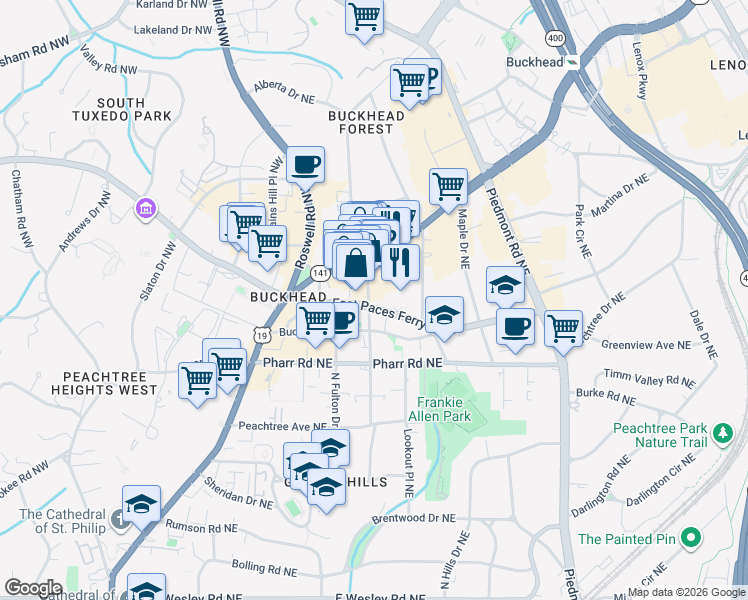 map of restaurants, bars, coffee shops, grocery stores, and more near 3167 Peachtree Road Northeast in Atlanta