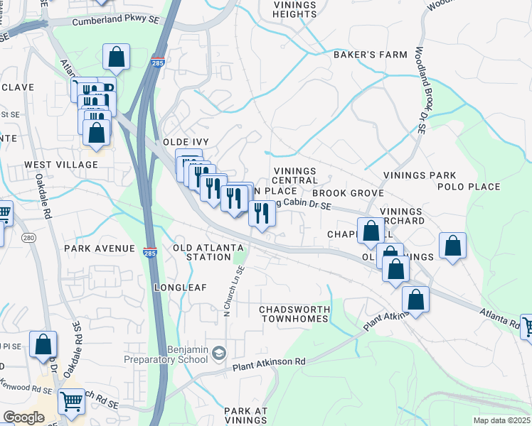map of restaurants, bars, coffee shops, grocery stores, and more near 103 Cameron Circle in Smyrna