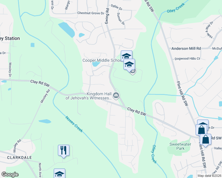map of restaurants, bars, coffee shops, grocery stores, and more near 4780 Ewing Road in Austell