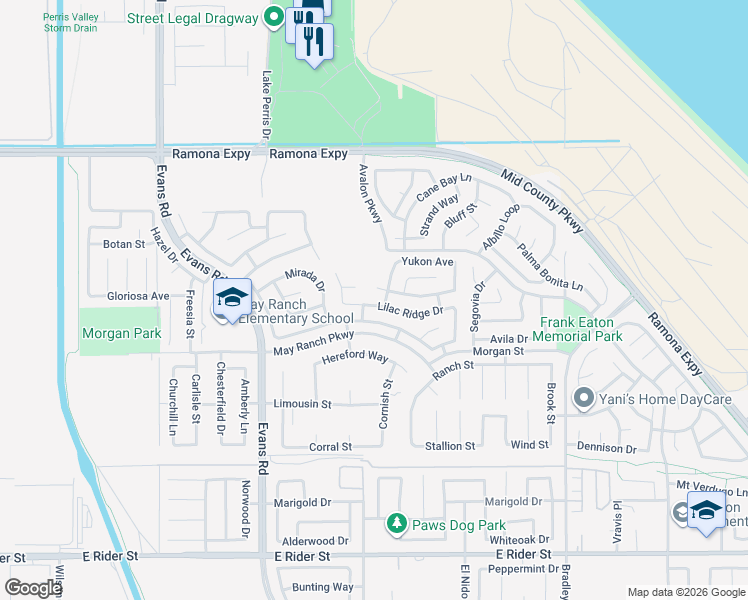 map of restaurants, bars, coffee shops, grocery stores, and more near 1210 Manderin Place in Perris