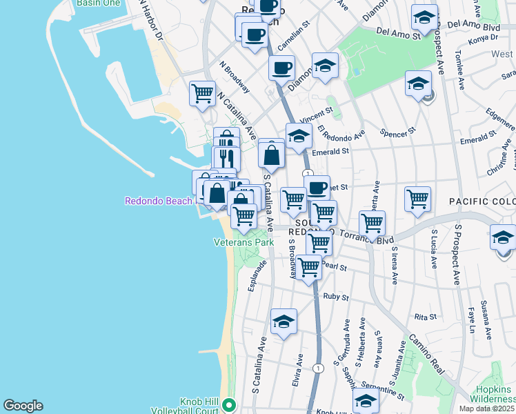 map of restaurants, bars, coffee shops, grocery stores, and more near 101 The Village in Redondo Beach
