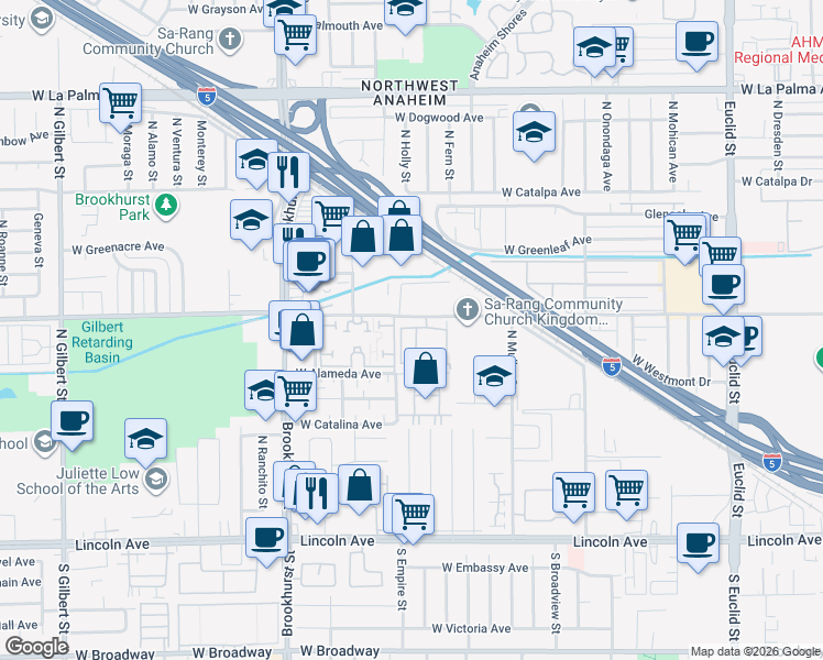 map of restaurants, bars, coffee shops, grocery stores, and more near 576 North Clemson Drive in Anaheim