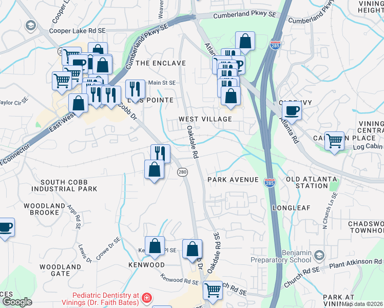 map of restaurants, bars, coffee shops, grocery stores, and more near 4655 Oakdale Road in Smyrna