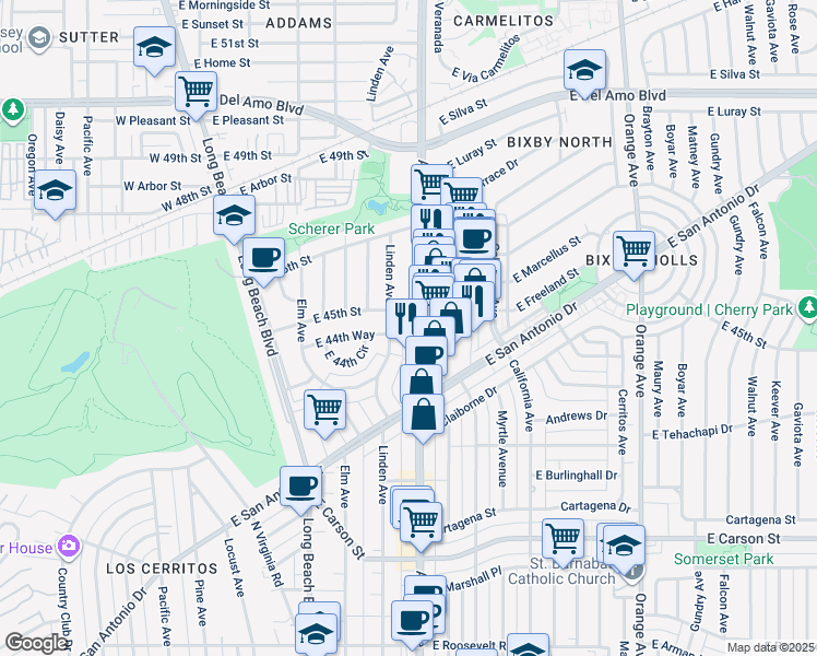 map of restaurants, bars, coffee shops, grocery stores, and more near 4471 Atlantic Avenue in Long Beach