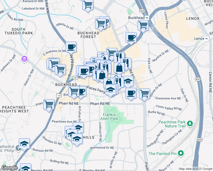 map of restaurants, bars, coffee shops, grocery stores, and more near 3115 East Shadowlawn Avenue Northeast in Atlanta