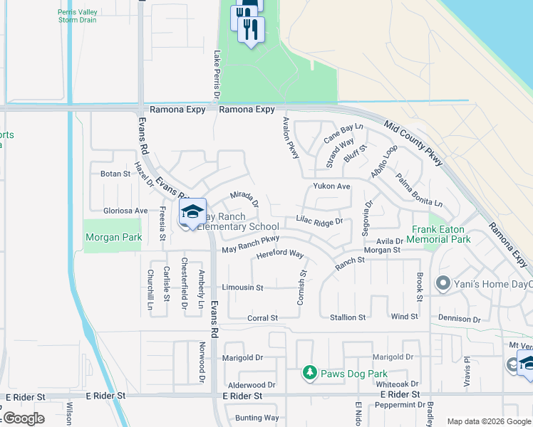 map of restaurants, bars, coffee shops, grocery stores, and more near 3714 Avondale Street in Perris