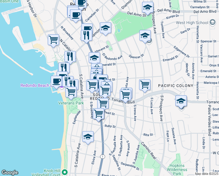 map of restaurants, bars, coffee shops, grocery stores, and more near 201 Camino Real in Redondo Beach